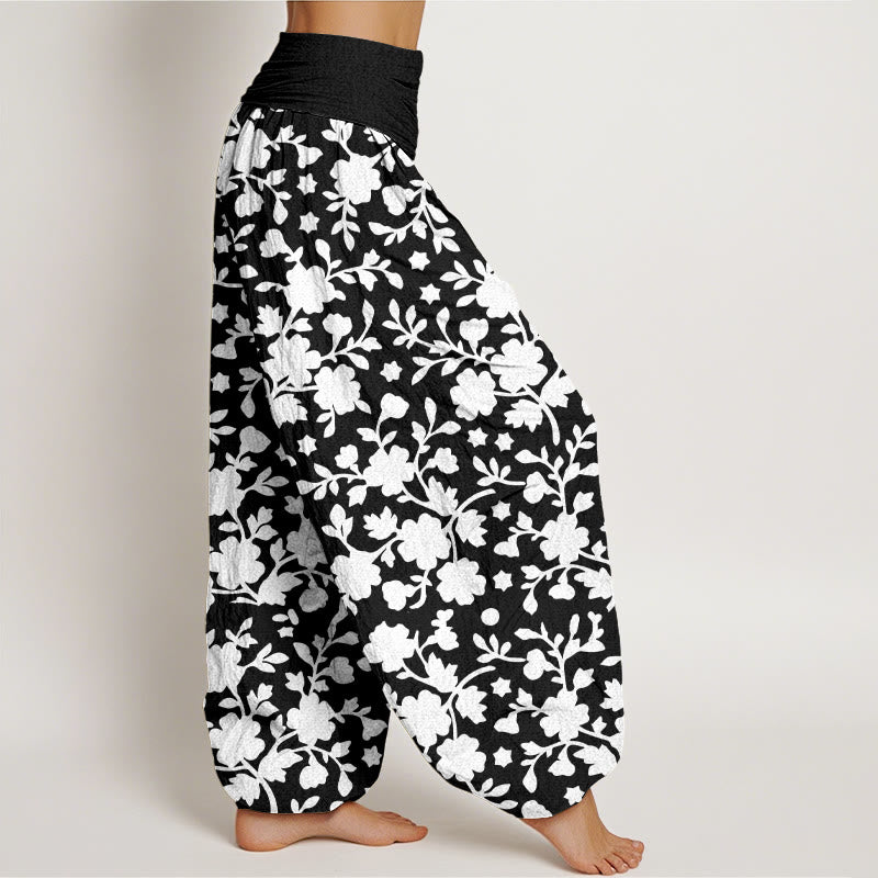 Pantalon harem à taille élastique pour femme, en pur coton blanc, motif fleurs, feuilles et étoiles, Buddha Stones - image 10