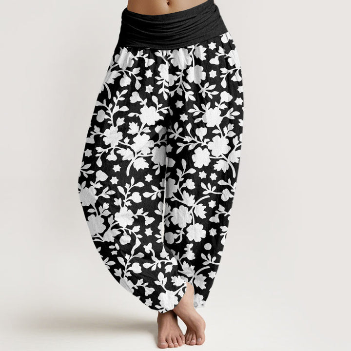 Pantalon harem à taille élastique pour femme, en pur coton blanc, motif fleurs, feuilles et étoiles, Buddha Stones - Noir - US16，UK/AU20，EU48 (3XL) - image 8