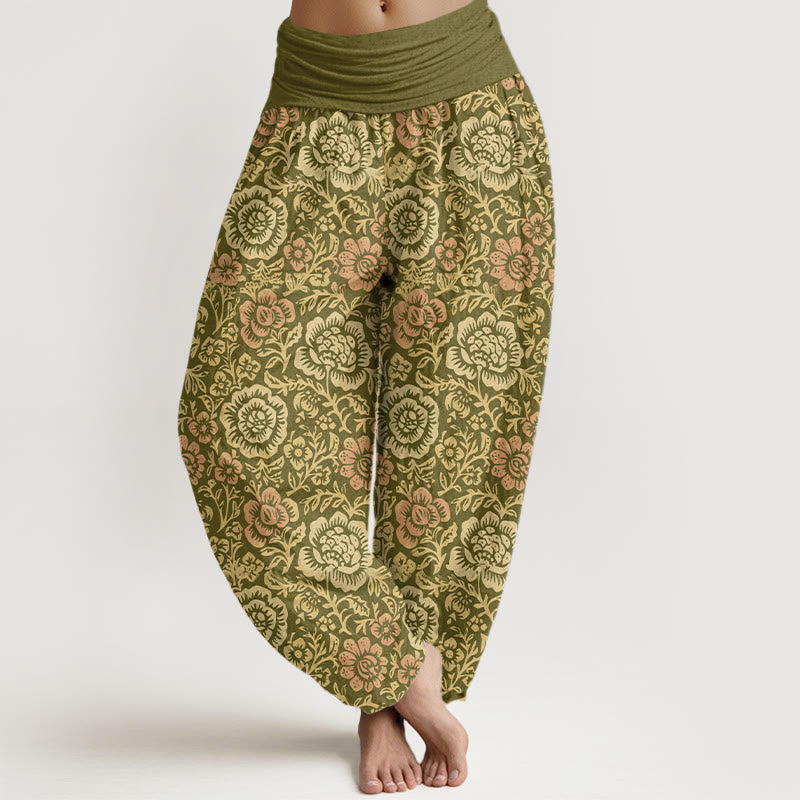 Pantalon harem femme en pur coton à motif floral champêtre vintage Buddha Stones, taille élastique - Olive - US16，UK/AU20，EU48 (3XL) - image 0
