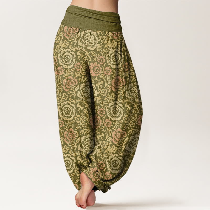 Pantalon harem femme en pur coton à motif floral champêtre vintage Buddha Stones, taille élastique - image 1