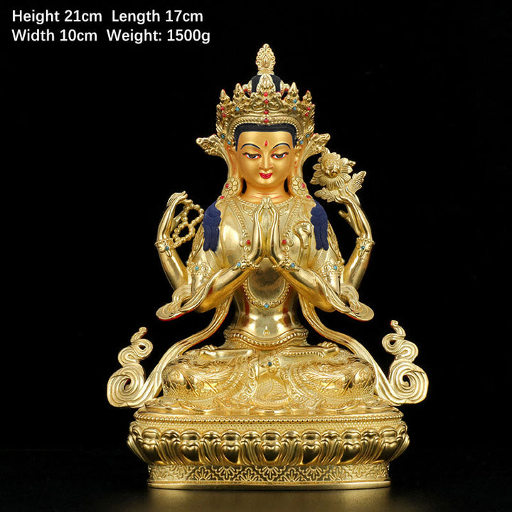 Statue de protection à quatre bras de Chenrezig Avalokitesvara en cuivre plaqué or - 7 pouces - image 2
