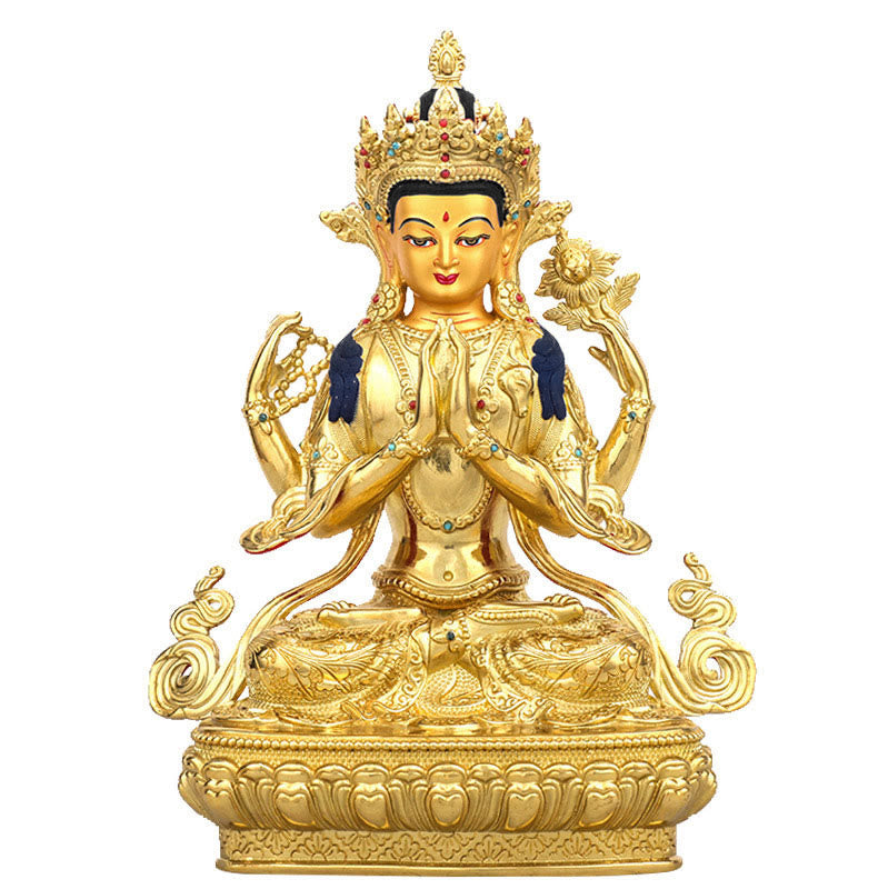 Statue de protection à quatre bras de Chenrezig Avalokitesvara en cuivre plaqué or - image 0