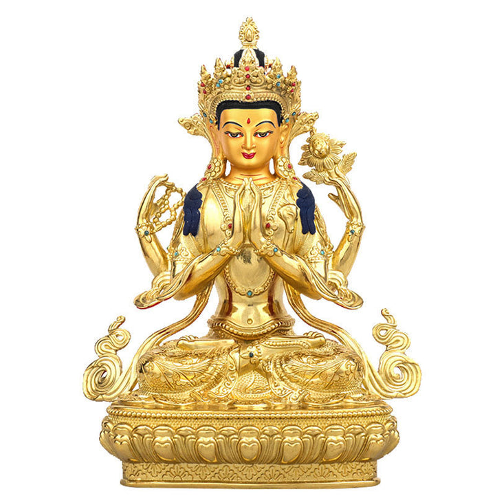 Statue de protection à quatre bras de Chenrezig Avalokitesvara en cuivre plaqué or - image 0