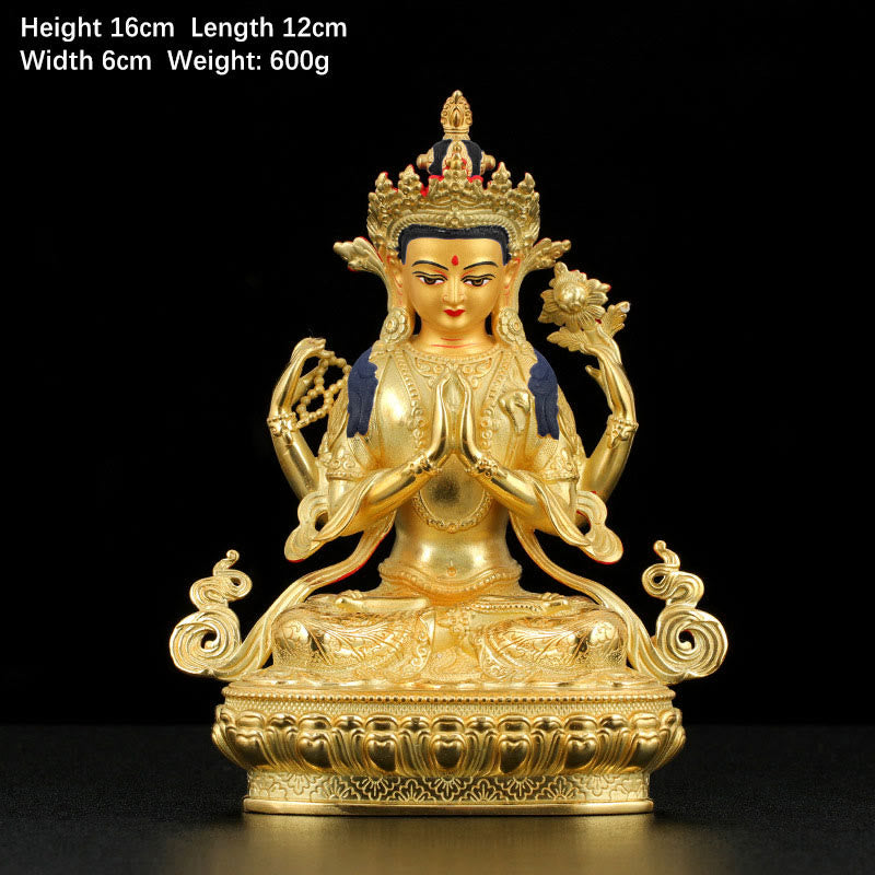 Statue de protection à quatre bras de Chenrezig Avalokitesvara en cuivre plaqué or - 5 pouces - image 1