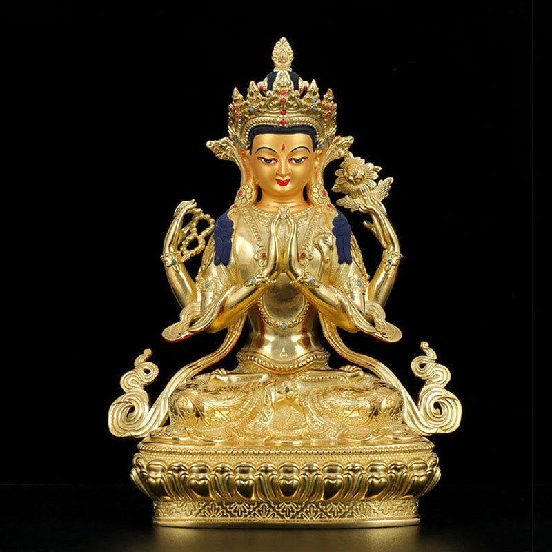 Statue de protection à quatre bras de Chenrezig Avalokitesvara en cuivre plaqué or - image 4