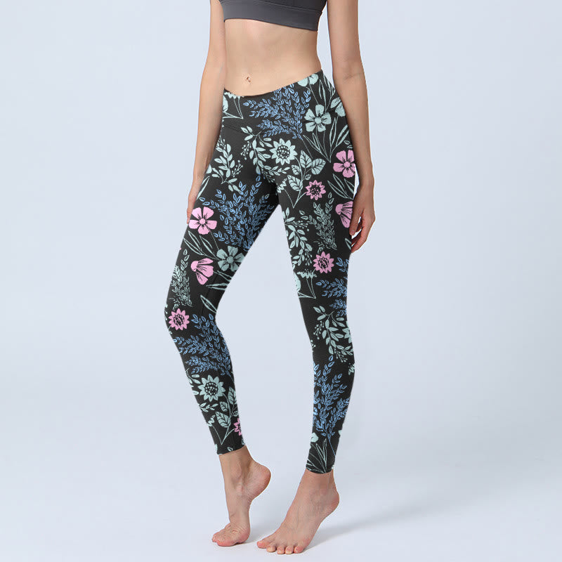 Leggings de sport pour femmes avec imprimé floral et feuilles aux couleurs contrastées et audacieuses, style Buddha Stones. - Noir - US18，UK/AU22，EU50 (4XL) - image 0
