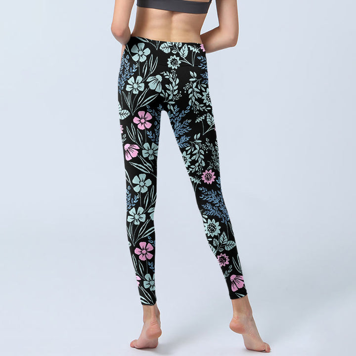 Leggings de sport pour femmes avec imprimé floral et feuilles aux couleurs contrastées et audacieuses, style Buddha Stones. - image 6