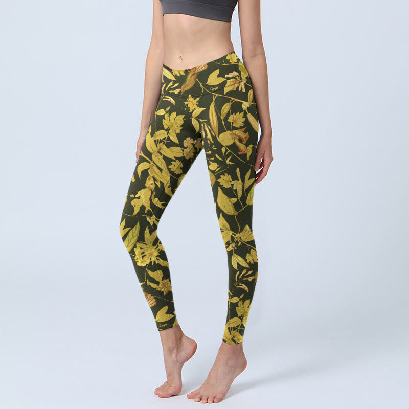 Leggings de sport pour femmes avec imprimé luxueux de fleurs, feuilles et oiseaux, style Buddha Stones - Noir - US18，UK/AU22，EU50 (4XL) - image 0
