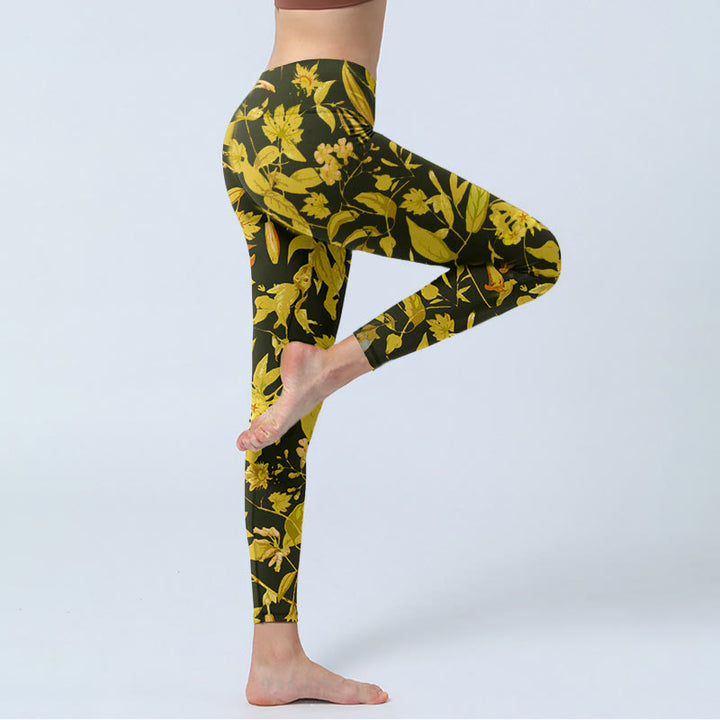 Leggings de sport pour femmes avec imprimé luxueux de fleurs, feuilles et oiseaux, style Buddha Stones - image 3