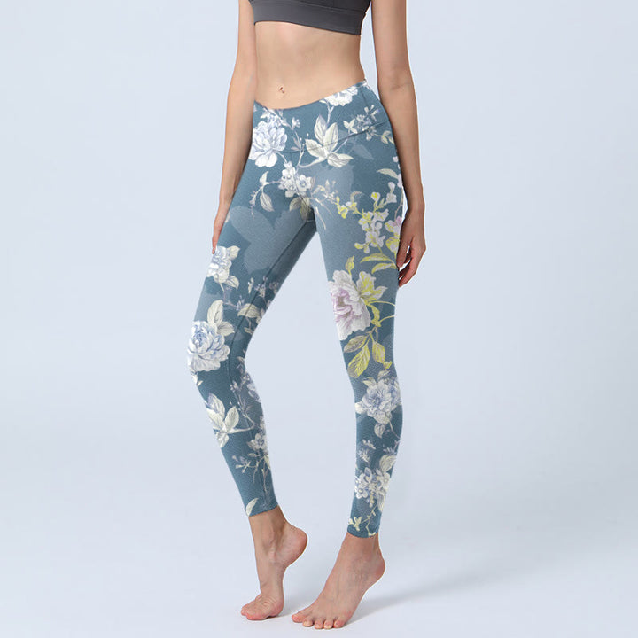 Leggings de sport pour femmes, imprimé de fleurs et de feuilles aux couleurs douces, style Buddha Stones. - SteelBlue - US18，UK/AU22，EU50 (4XL) - image 0