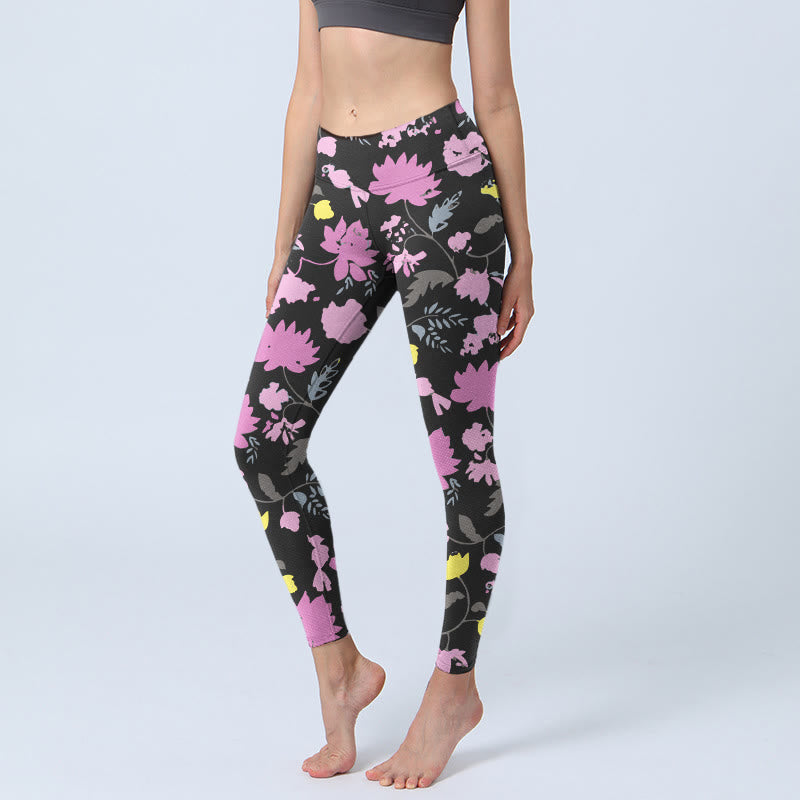 Leggings de yoga pour femmes, imprimé de fleurs et de feuilles aux couleurs douces, style aquarelle , Buddha Stones - Noir - US18，UK/AU22，EU50 (4XL) - image 0