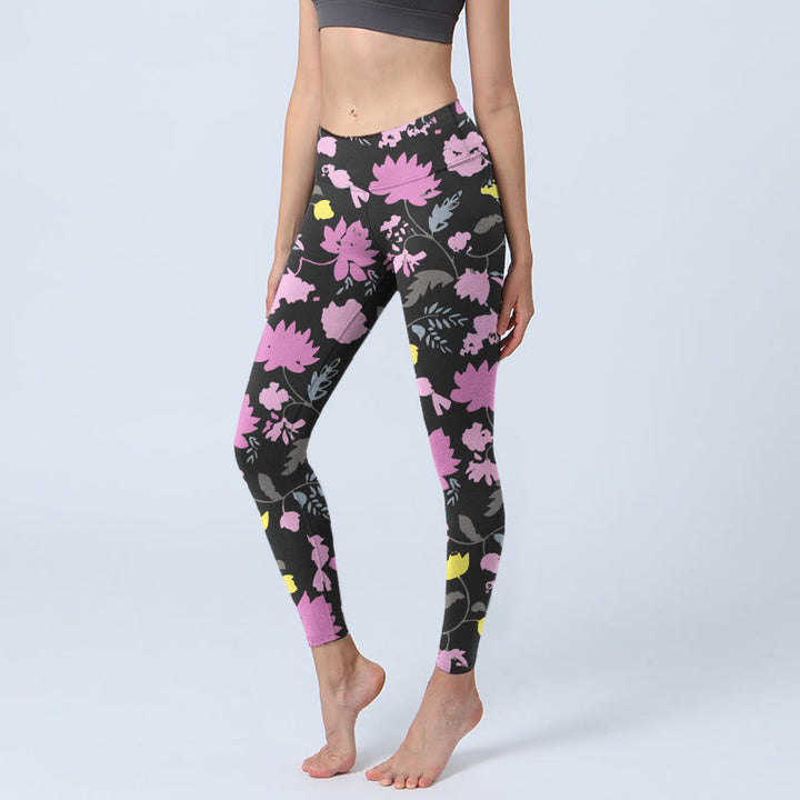 Leggings de yoga pour femmes, imprimé de fleurs et de feuilles aux couleurs douces, style aquarelle , Buddha Stones - Noir - US18，UK/AU22，EU50 (4XL) - image 0