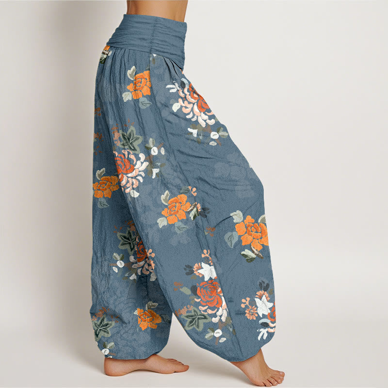 Pantalon harem pour femme en pur coton, motif fleurs et feuilles aux couleurs vives, avec taille élastique, Buddha Stones - image 2