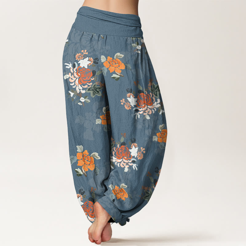 Pantalon harem pour femme en pur coton, motif fleurs et feuilles aux couleurs vives, avec taille élastique, Buddha Stones - image 1