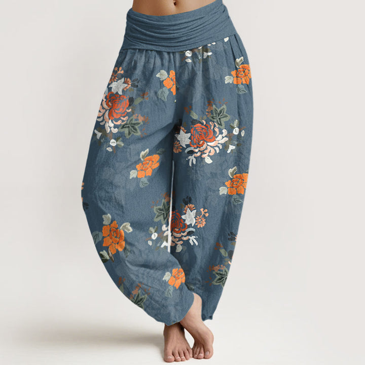 Pantalon harem pour femme en pur coton, motif fleurs et feuilles aux couleurs vives, avec taille élastique, Buddha Stones - SteelBlue - US16，UK/AU20，EU48 (3XL) - image 0