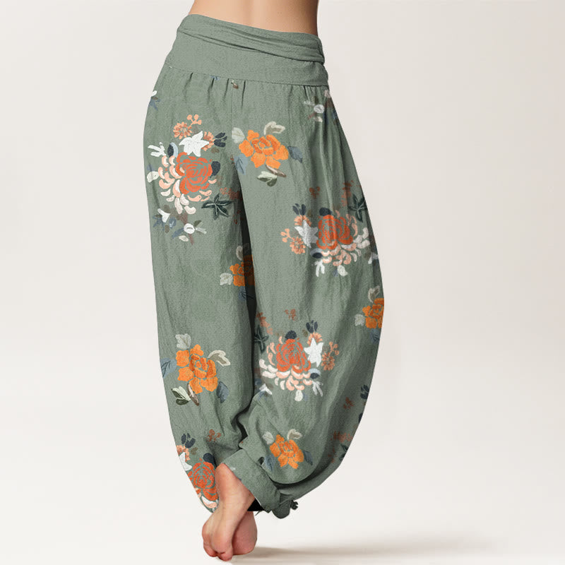 Pantalon harem pour femme en pur coton, motif fleurs et feuilles aux couleurs vives, avec taille élastique, Buddha Stones - image 6