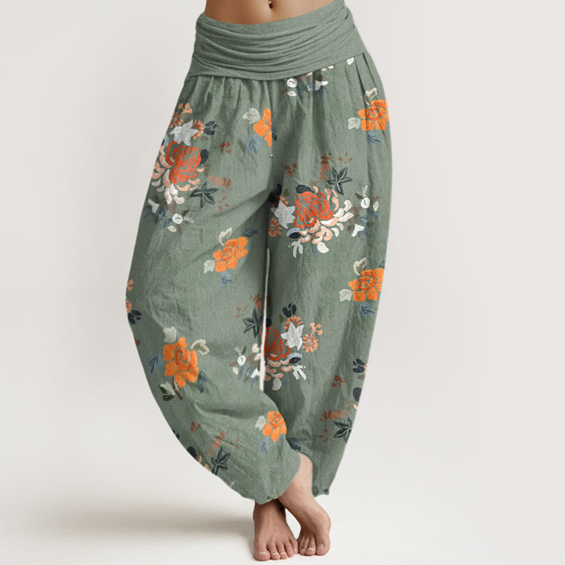 Pantalon harem pour femme en pur coton, motif fleurs et feuilles aux couleurs vives, avec taille élastique, Buddha Stones - Vert foncé - US16，UK/AU20，EU48 (3XL) - image 5
