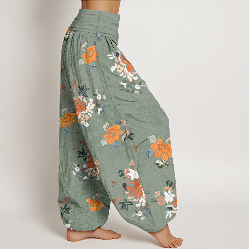 Pantalon harem pour femme en pur coton, motif fleurs et feuilles aux couleurs vives, avec taille élastique, Buddha Stones - image 7
