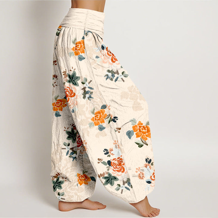 Pantalon harem pour femme en pur coton, motif fleurs et feuilles aux couleurs vives, avec taille élastique, Buddha Stones - image 10