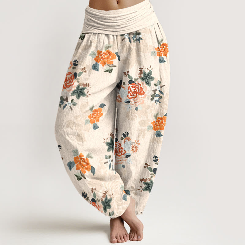 Pantalon harem pour femme en pur coton, motif fleurs et feuilles aux couleurs vives, avec taille élastique, Buddha Stones - PapayaWhip - US16，UK/AU20，EU48 (3XL) - image 8