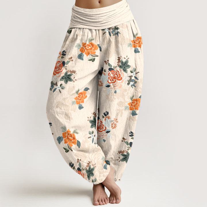 Pantalon harem pour femme en pur coton, motif fleurs et feuilles aux couleurs vives, avec taille élastique, Buddha Stones - PapayaWhip - US16，UK/AU20，EU48 (3XL) - image 8