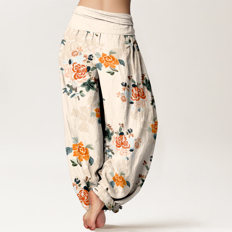Pantalon harem pour femme en pur coton, motif fleurs et feuilles aux couleurs vives, avec taille élastique, Buddha Stones - image 9