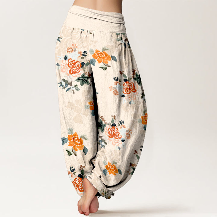Pantalon harem pour femme en pur coton, motif fleurs et feuilles aux couleurs vives, avec taille élastique, Buddha Stones - image 9
