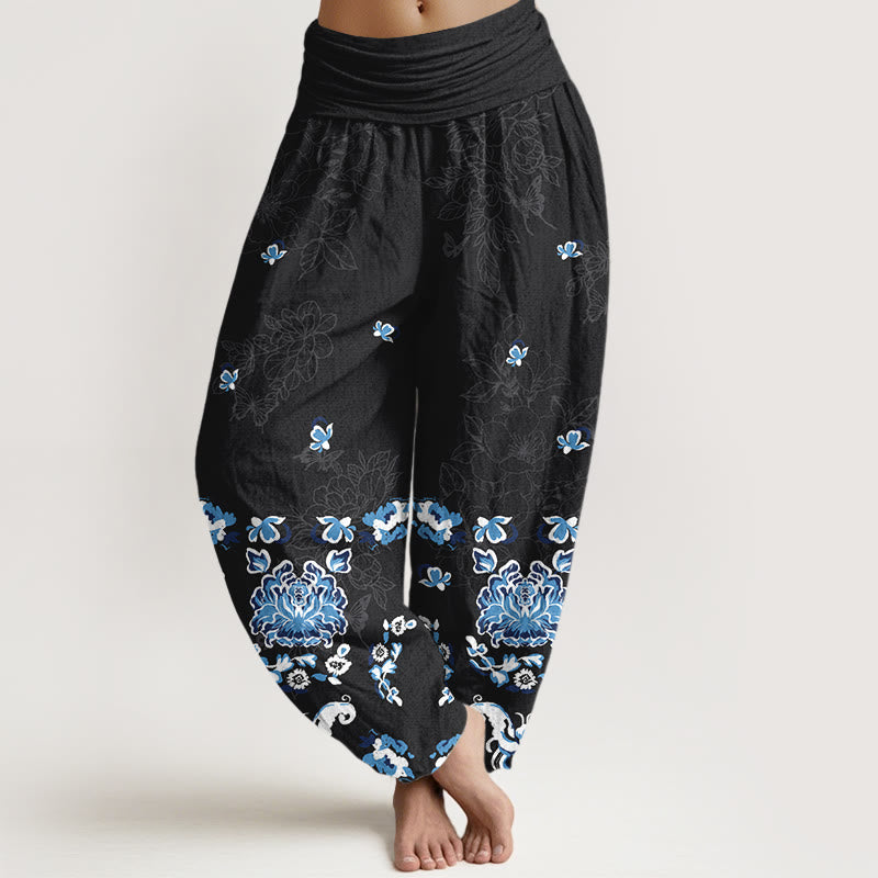 Pantalon harem pour femme en pur coton, élégant et classique, à motif floral et papillon, avec taille élastique et Buddha Stones - Noir - US16，UK/AU20，EU48 (3XL) - image 0