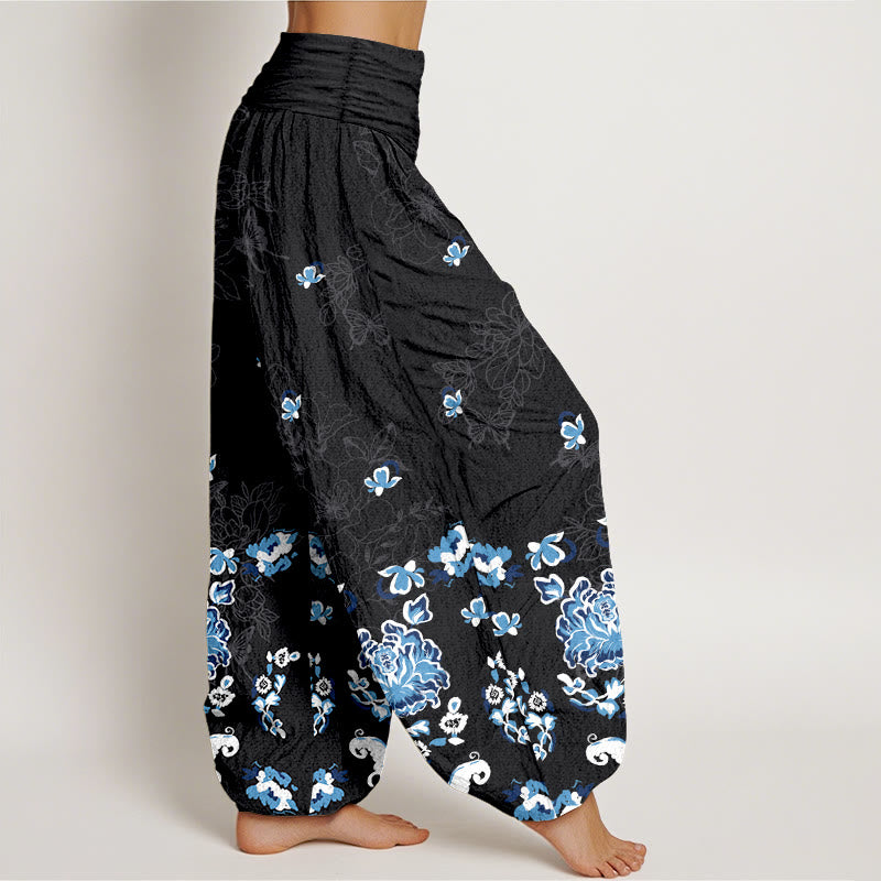 Pantalon harem pour femme en pur coton, élégant et classique, à motif floral et papillon, avec taille élastique et Buddha Stones - image 2