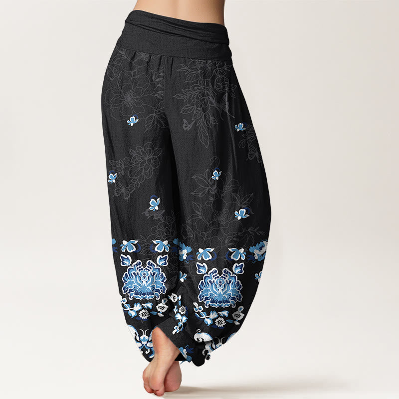 Pantalon harem pour femme en pur coton, élégant et classique, à motif floral et papillon, avec taille élastique et Buddha Stones - image 1