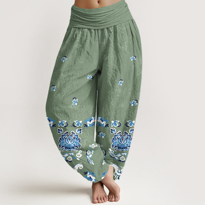 Pantalon harem pour femme en pur coton, élégant et classique, à motif floral et papillon, avec taille élastique et Buddha Stones - Vert mer moyen - US16，UK/AU20，EU48 (3XL) - image 5