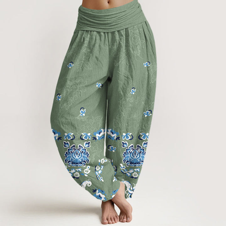 Pantalon harem pour femme en pur coton, élégant et classique, à motif floral et papillon, avec taille élastique et Buddha Stones - Vert mer moyen - US16，UK/AU20，EU48 (3XL) - image 5