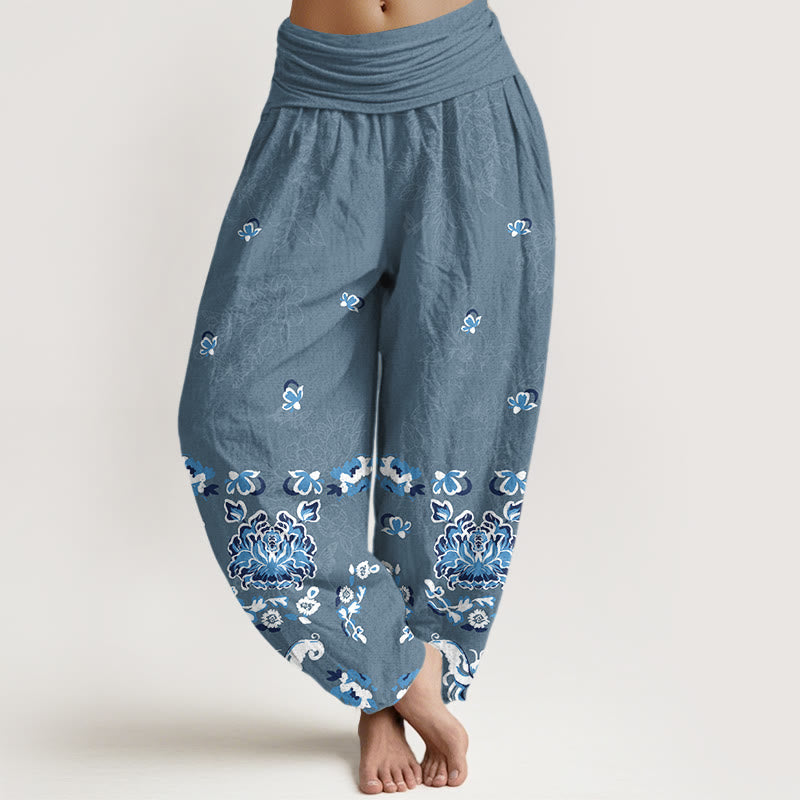 Pantalon harem pour femme en pur coton, élégant et classique, à motif floral et papillon, avec taille élastique et Buddha Stones - SteelBlue - US16，UK/AU20，EU48 (3XL) - image 8