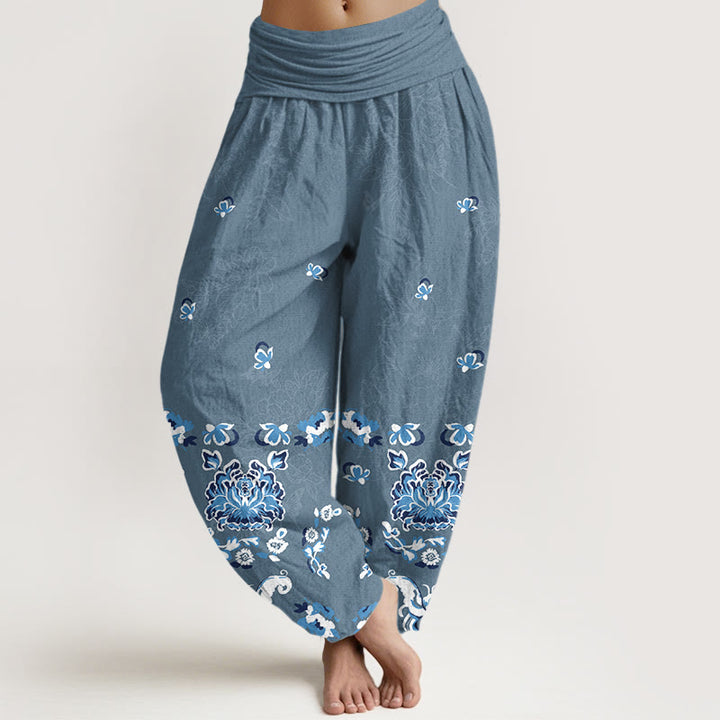 Pantalon harem pour femme en pur coton, élégant et classique, à motif floral et papillon, avec taille élastique et Buddha Stones - SteelBlue - US16，UK/AU20，EU48 (3XL) - image 8