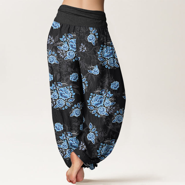 Pantalon harem femme en pur coton à motif floral bleu et Buddha Stones, taille élastique - image 1