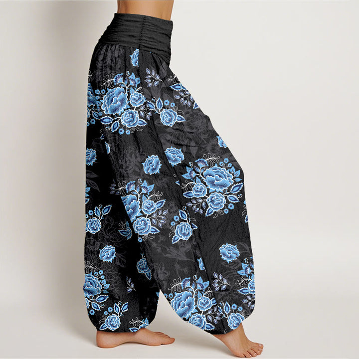 Pantalon harem femme en pur coton à motif floral bleu et Buddha Stones, taille élastique - image 2