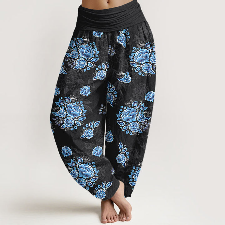 Pantalon harem femme en pur coton à motif floral bleu et Buddha Stones, taille élastique - Noir - US16，UK/AU20，EU48 (3XL) - image 0