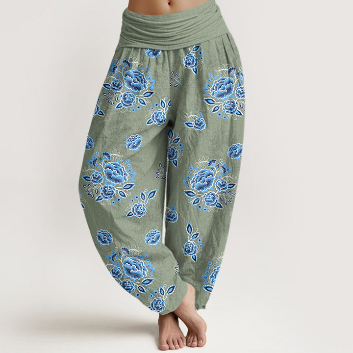 Pantalon harem femme en pur coton à motif floral bleu et Buddha Stones, taille élastique - Vert foncé - US16，UK/AU20，EU48 (3XL) - image 5