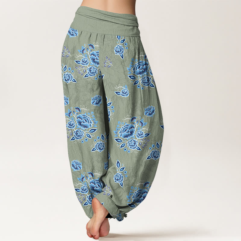Pantalon harem femme en pur coton à motif floral bleu et Buddha Stones, taille élastique - image 6
