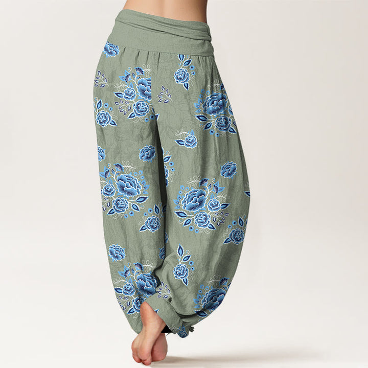 Pantalon harem femme en pur coton à motif floral bleu et Buddha Stones, taille élastique - image 6