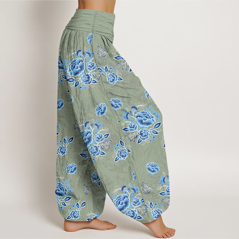 Pantalon harem femme en pur coton à motif floral bleu et Buddha Stones, taille élastique - image 7