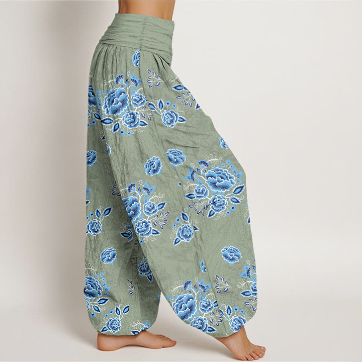 Pantalon harem femme en pur coton à motif floral bleu et Buddha Stones, taille élastique - image 7