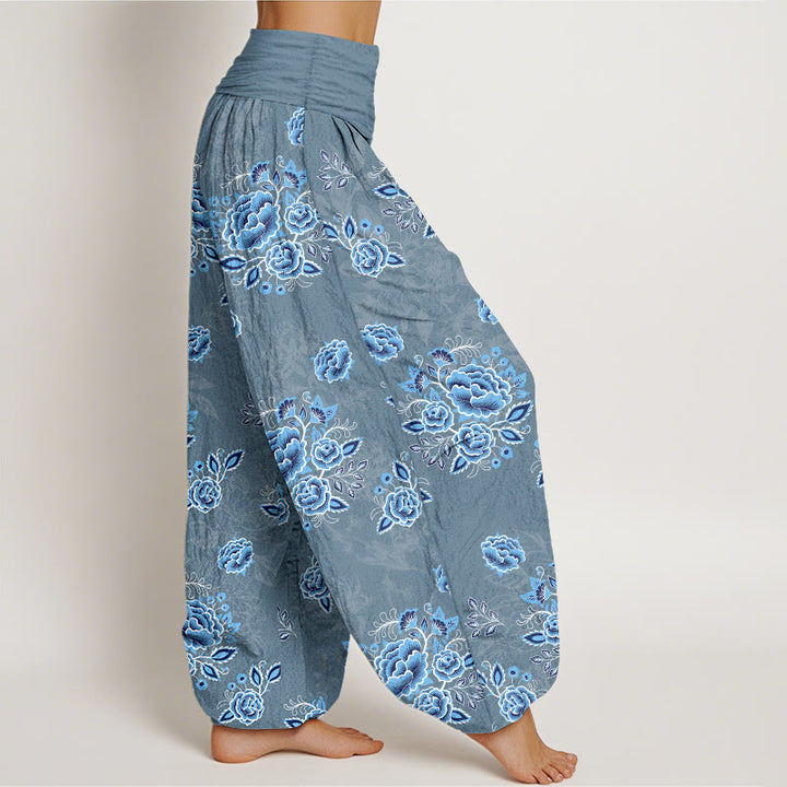 Pantalon harem femme en pur coton à motif floral bleu et Buddha Stones, taille élastique - image 10