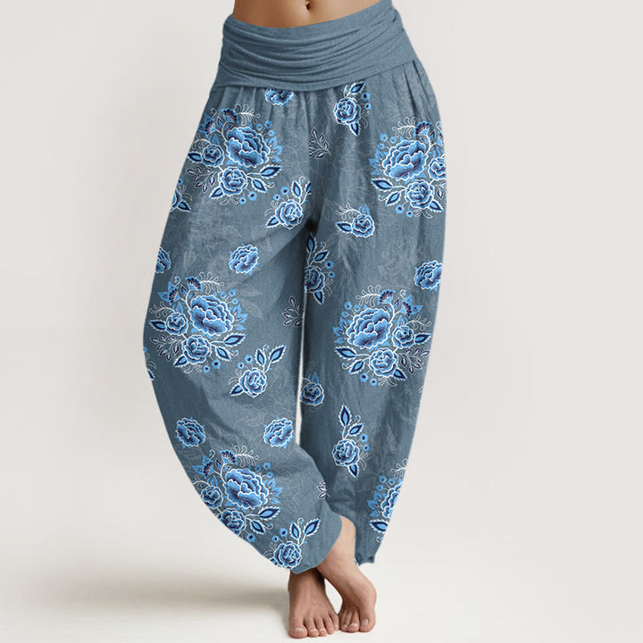 Pantalon harem femme en pur coton à motif floral bleu et Buddha Stones, taille élastique - SteelBlue - US16，UK/AU20，EU48 (3XL) - image 8