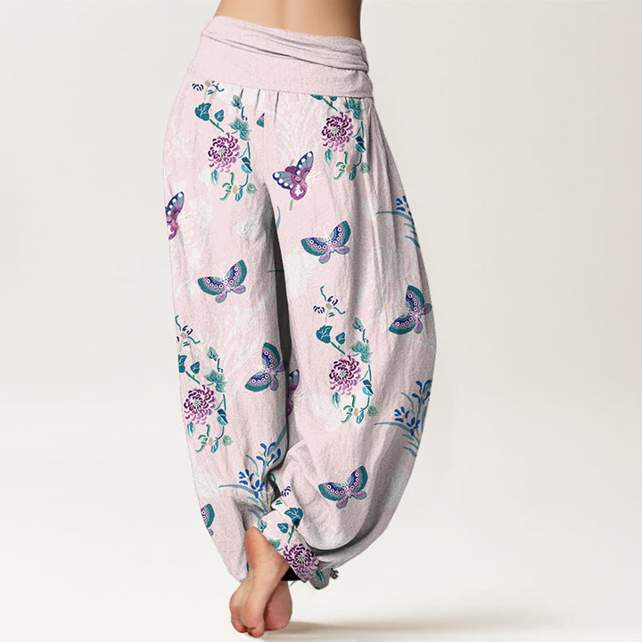 Pantalon harem à taille élastique pour femme, en pur coton, motif papillons et fleurs, orné de Buddha Stones - image 1