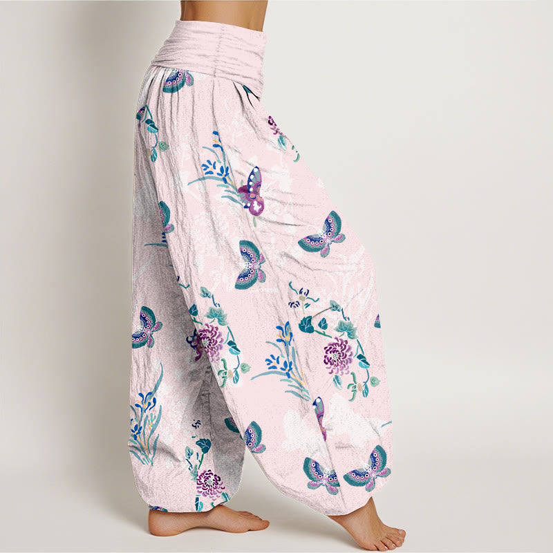 Pantalon harem à taille élastique pour femme, en pur coton, motif papillons et fleurs, orné de Buddha Stones - image 2