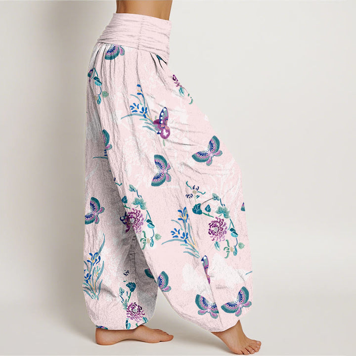 Pantalon harem à taille élastique pour femme, en pur coton, motif papillons et fleurs, orné de Buddha Stones - image 2