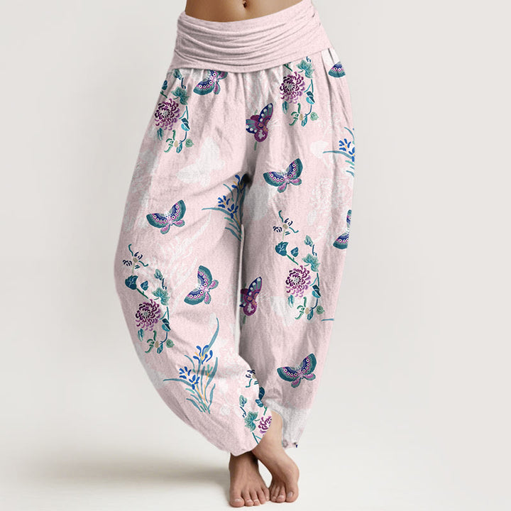 Pantalon harem à taille élastique pour femme, en pur coton, motif papillons et fleurs, orné de Buddha Stones - LavandeBlush - US16，UK/AU20，EU48 (3XL) - image 0