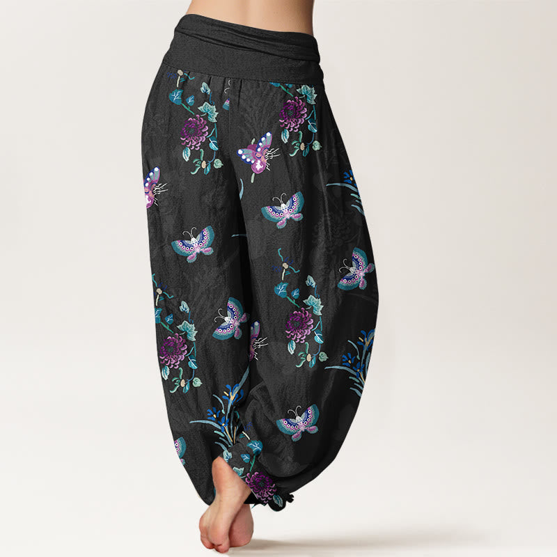 Pantalon harem à taille élastique pour femme, en pur coton, motif papillons et fleurs, orné de Buddha Stones - image 6