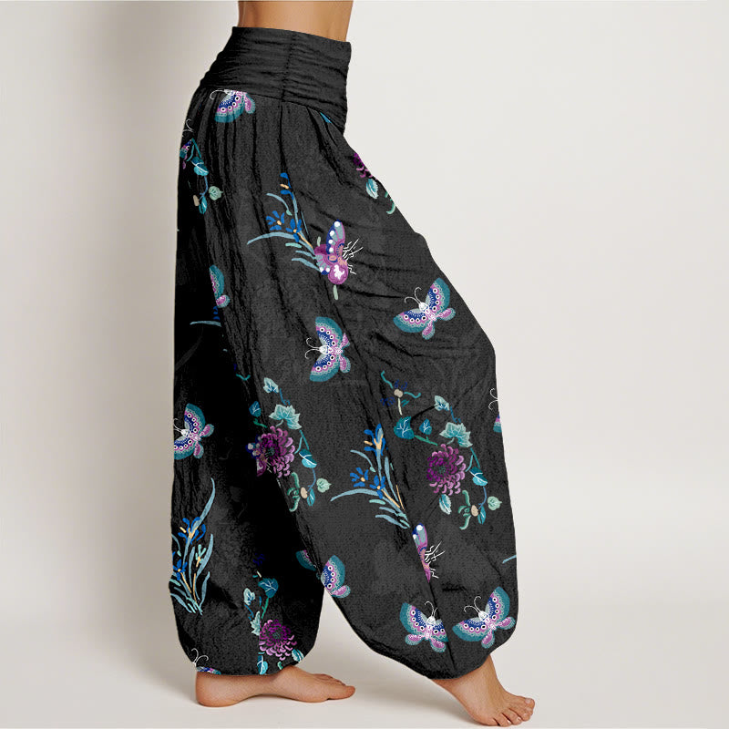 Pantalon harem à taille élastique pour femme, en pur coton, motif papillons et fleurs, orné de Buddha Stones - image 7